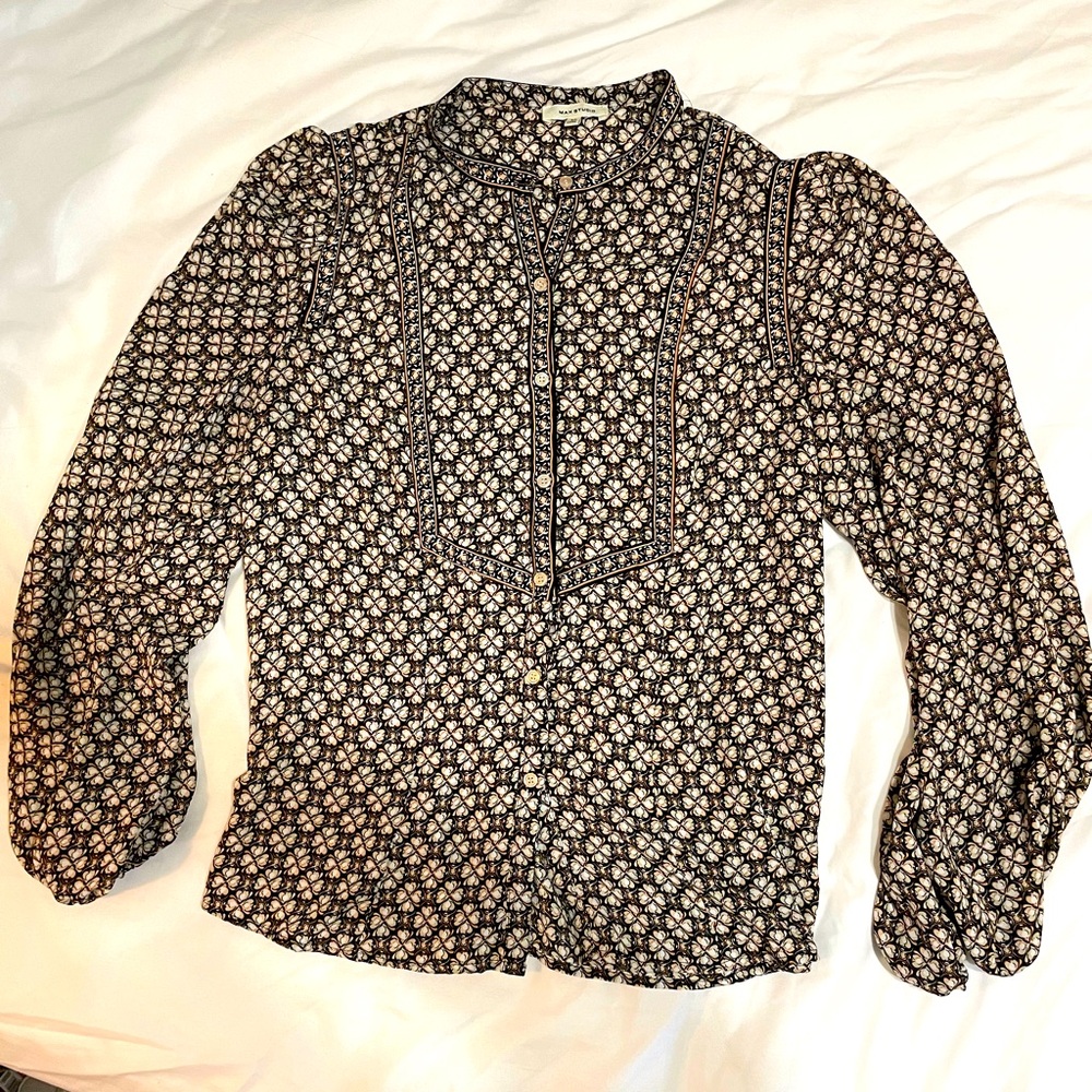 Max Studio Blouse Vintage Style Sepia‎ Floral Buttondown Black/Brown size M
